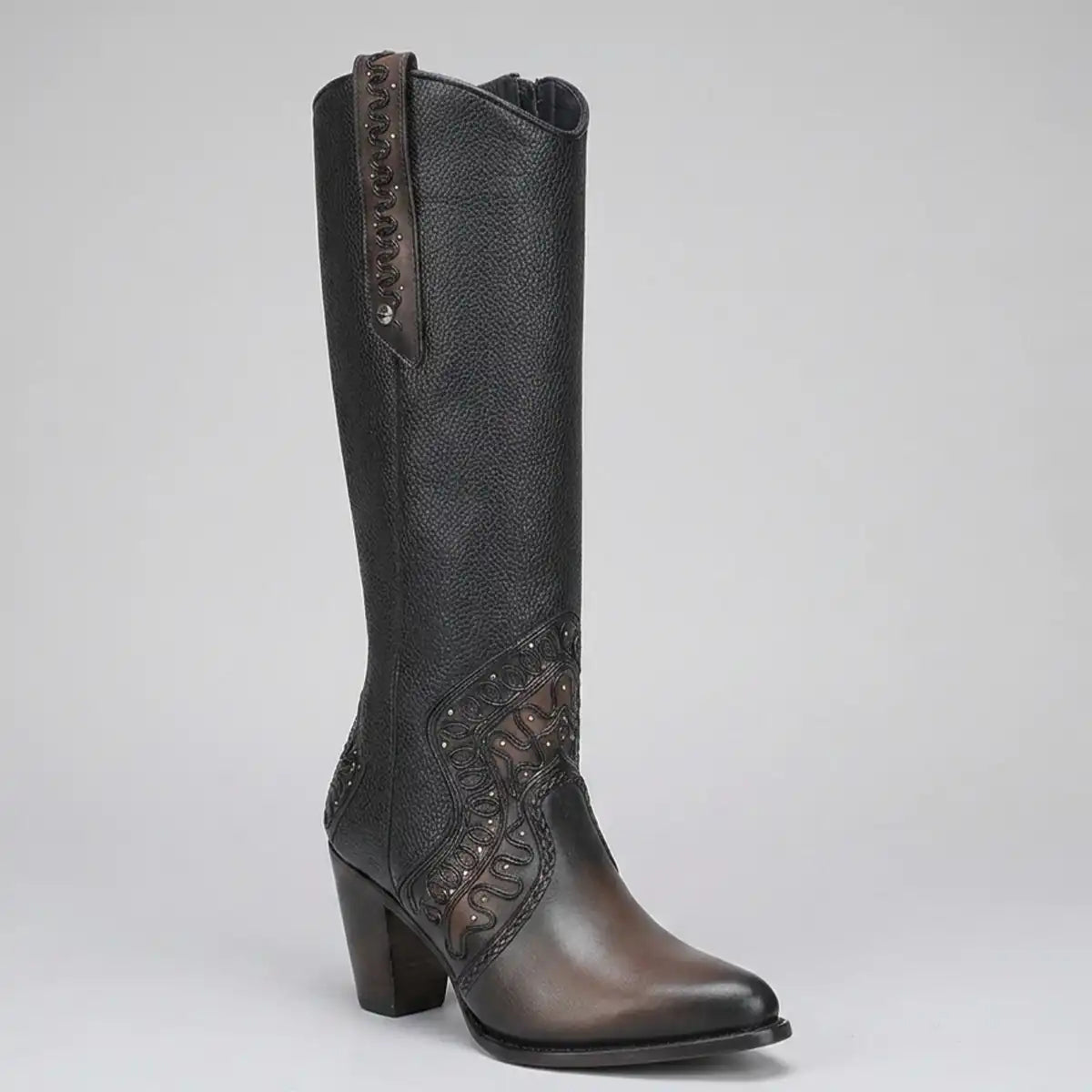 Three-quarter studio view of the Cuadra Women's chocolate brown bovine leather boot showing the embroidered instep.