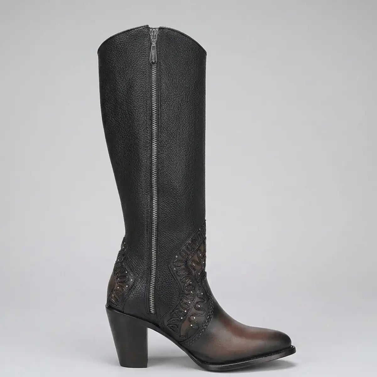 Inner profile view of the Cuadra Women's chocolate leather boot showing the full vertical zip closure and high block heel.