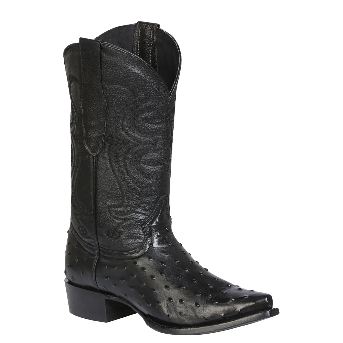 Studio profile view of the El General Men's black ostrich print leather snip toe cowboy boot showcasing the full-quill texture, 12-inch shaft embroidery, and 1.5-inch cowboy heel.