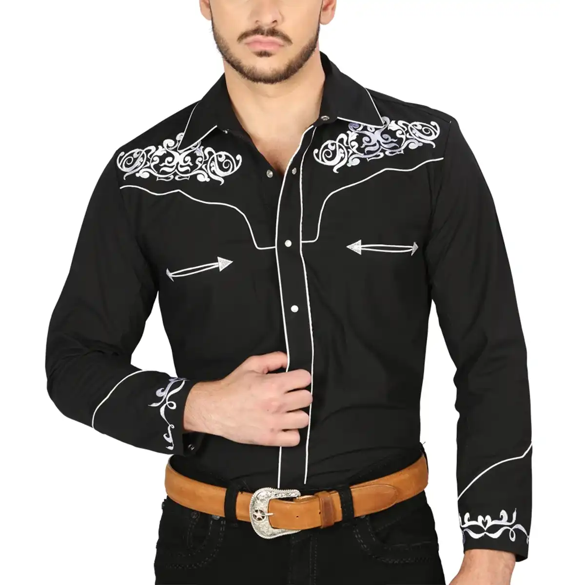 Studio front view of a man wearing El General Men's black long sleeve Western shirt with white embroidery, white piping, and snap buttons.