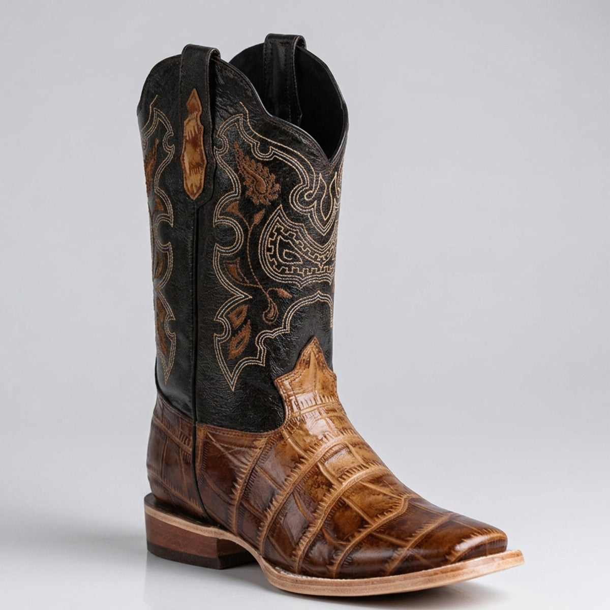 El General men's cognac brown and black crocodile print square toe cowboy boot.