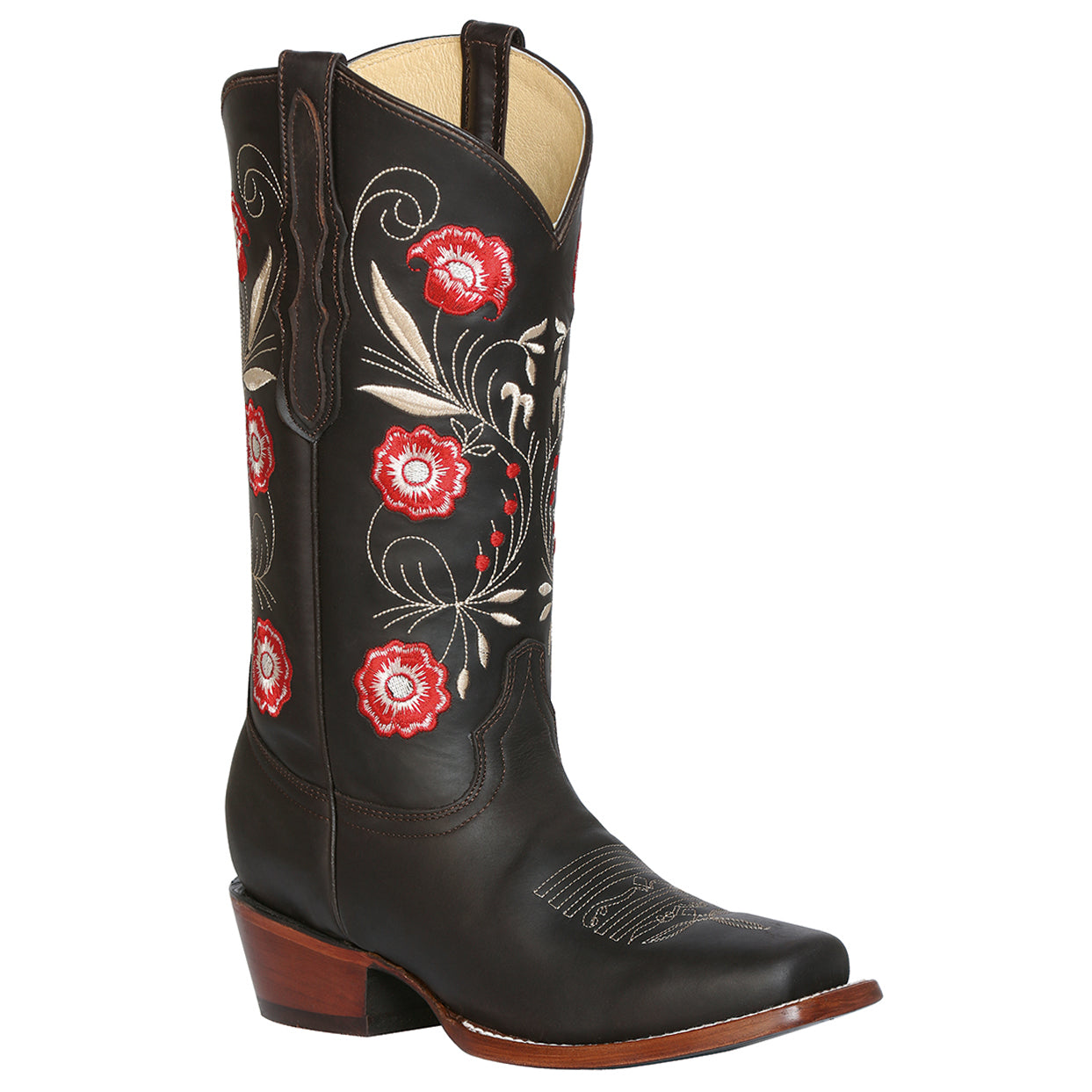 Square Toe Cowgirl Boots Flowered Choco