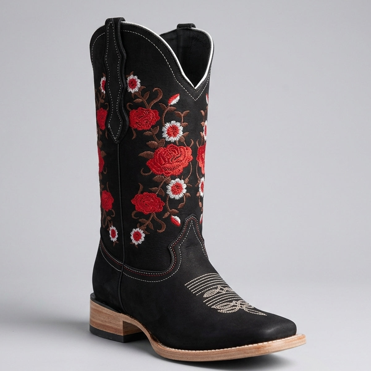 White Diamonds women's black square toe with red roses on shaft cowboy boot.