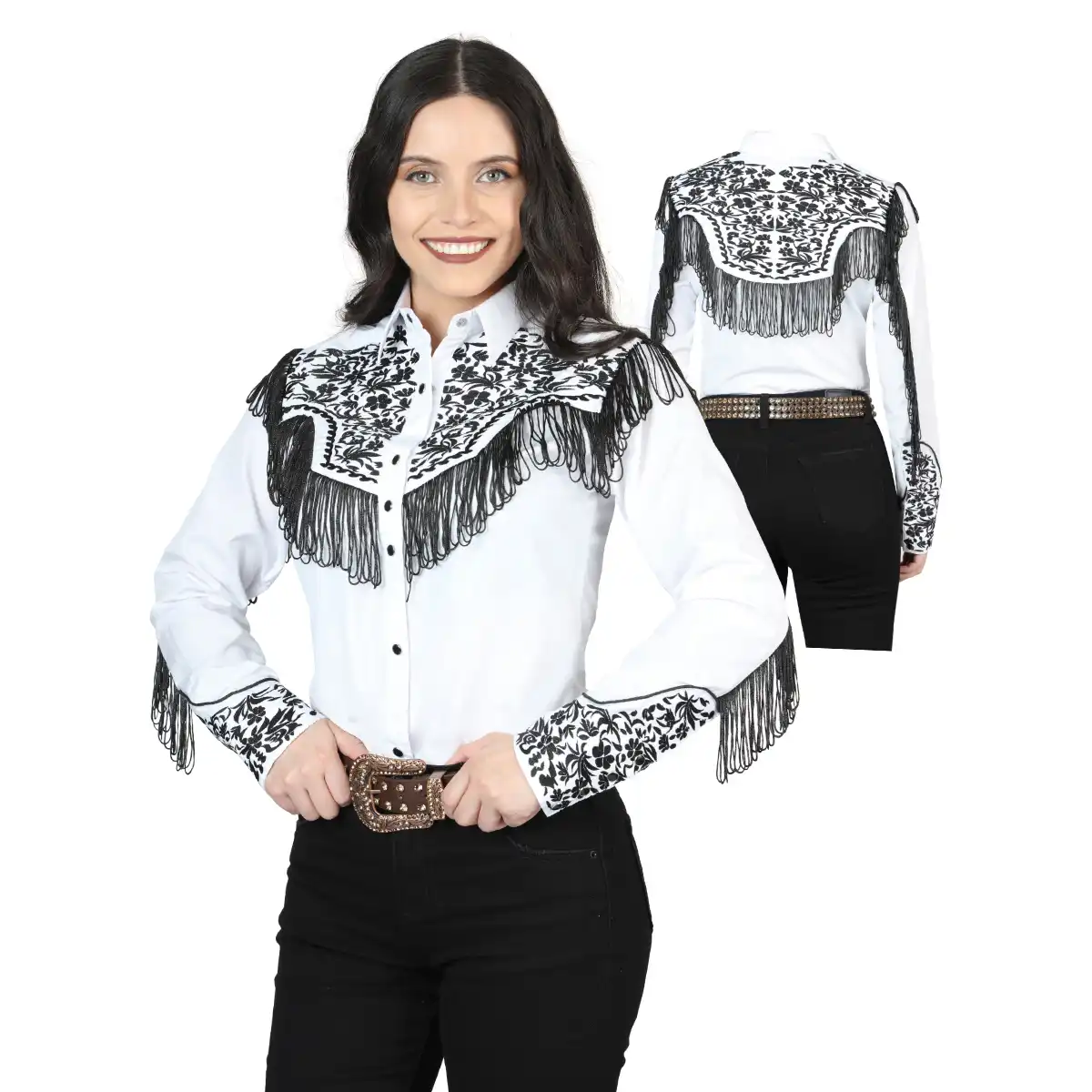 Studio front and back view of a woman wearing a white long sleeve cowgirl shirt with black fringe, black floral embroidery, and snap buttons.