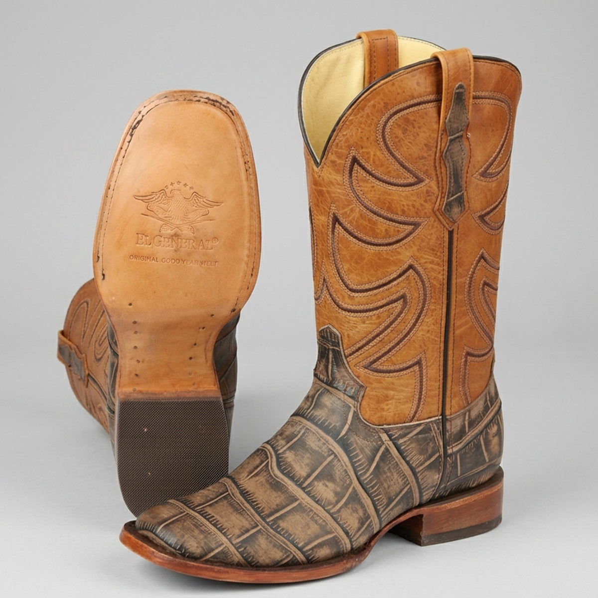 El General men's brown Alligator print square toe western boot with leather sole view.