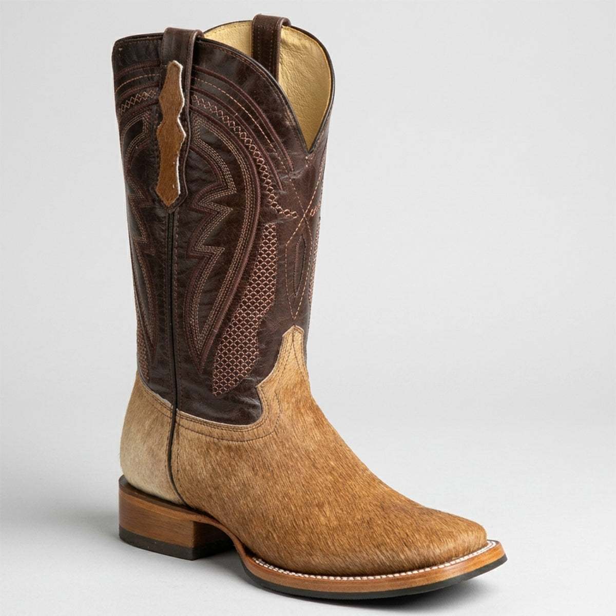 El General men's brown cow-hair square toe cowboy boot on a light gray background.