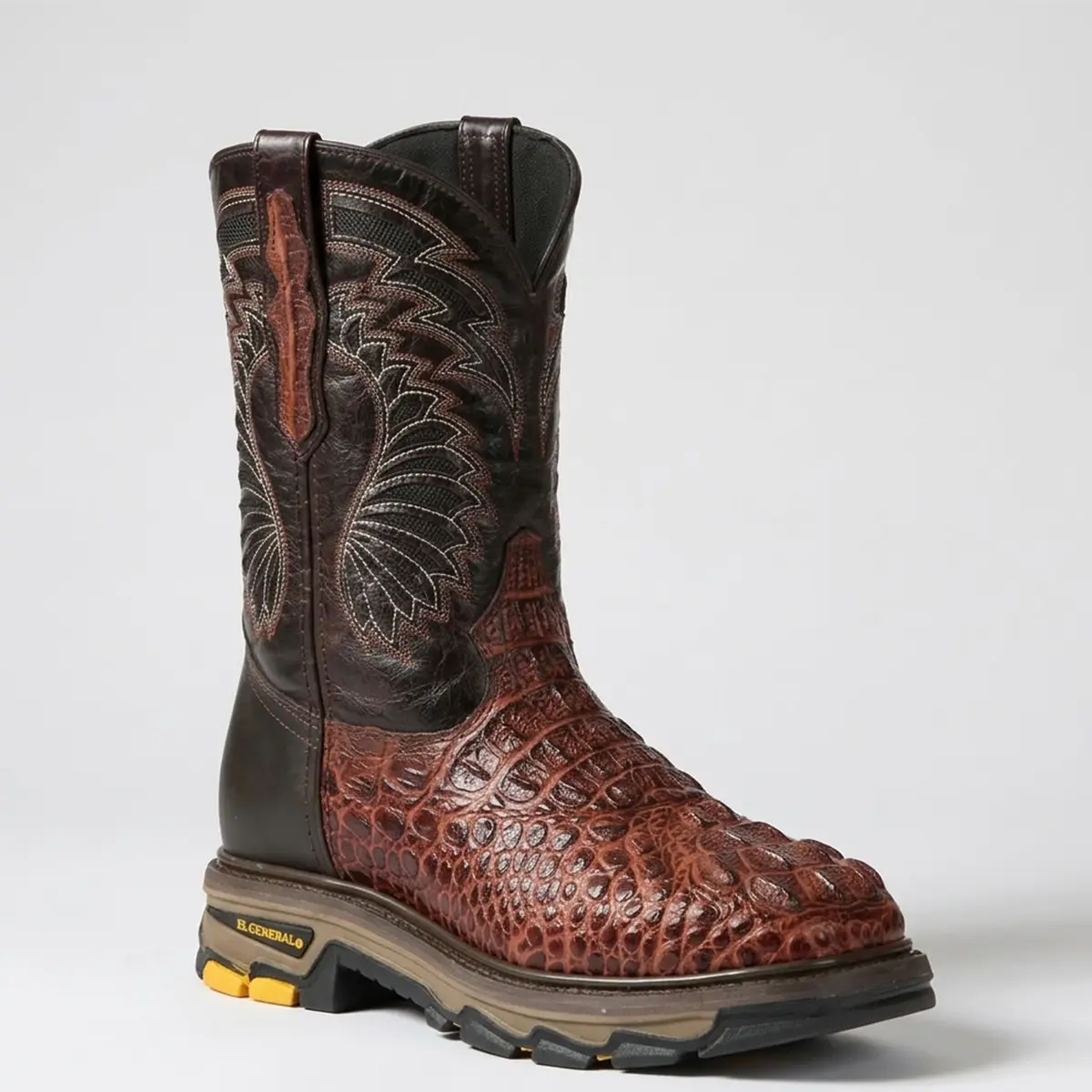 Three-quarter studio view of the El General men's cognac brown crocodile print leather work boot featuring a dark brown embroidered upper shaft, wide square toe, and heavy-duty rubber traction outsole.