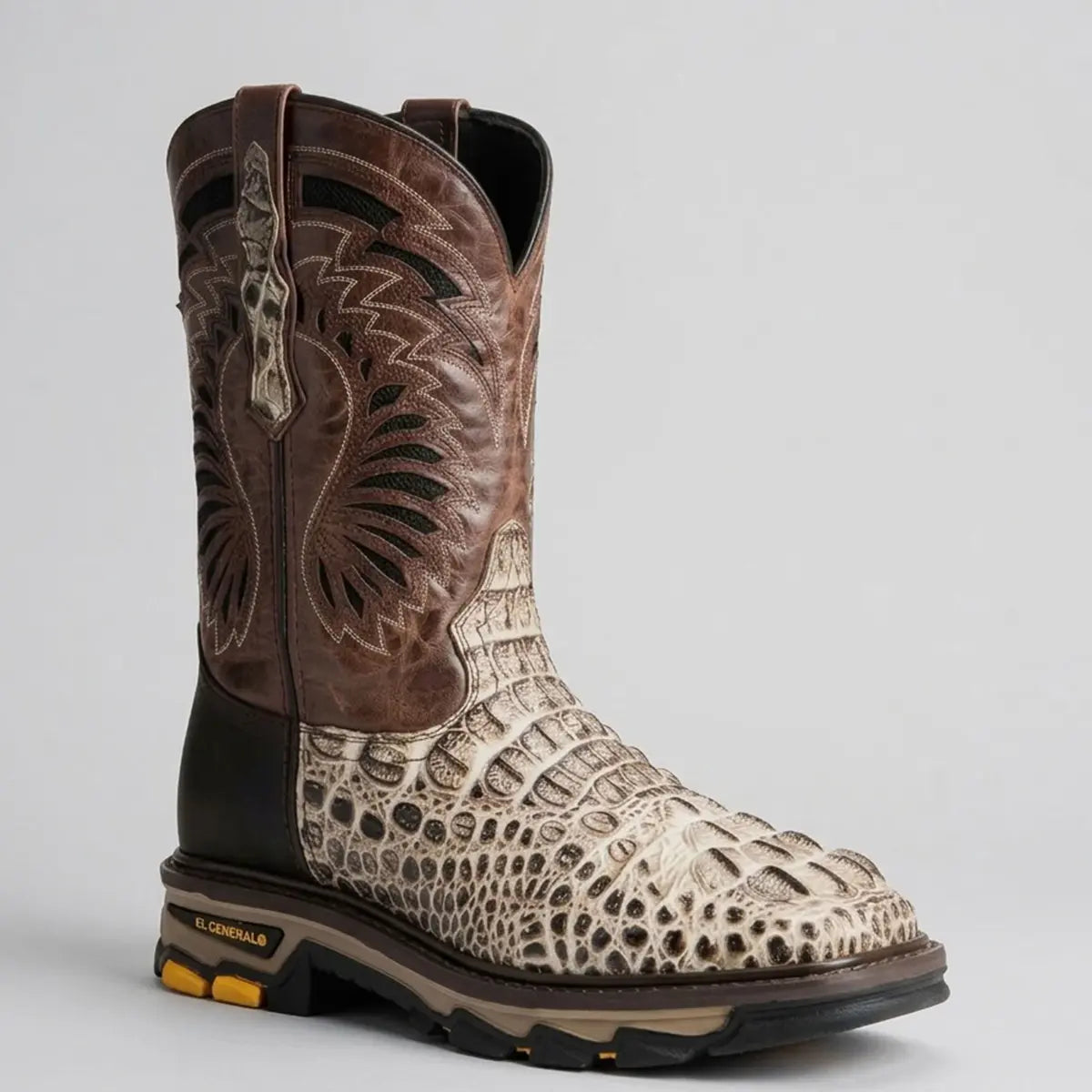 Studio profile shot of the El General Men's Sand crocodile print leather square toe work boot showcasing the embossed foot, two-tone shaft, and heavy-duty tractor outsole.