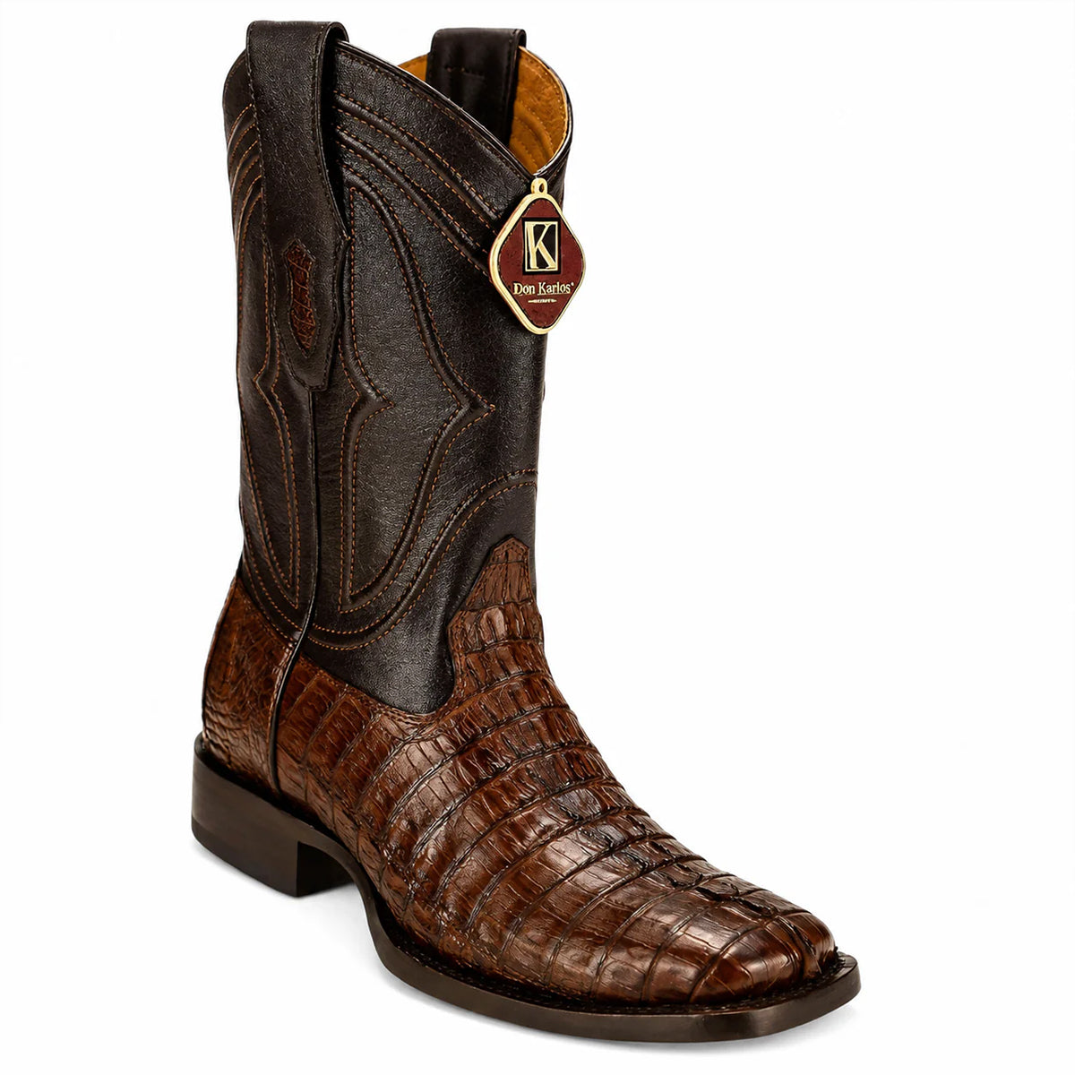King Exotic men's brown caiman tail leather square toe western boot.