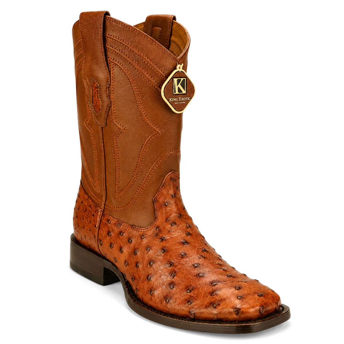 King Exotic men's brandy full quill ostrich leather square toe western boot.
