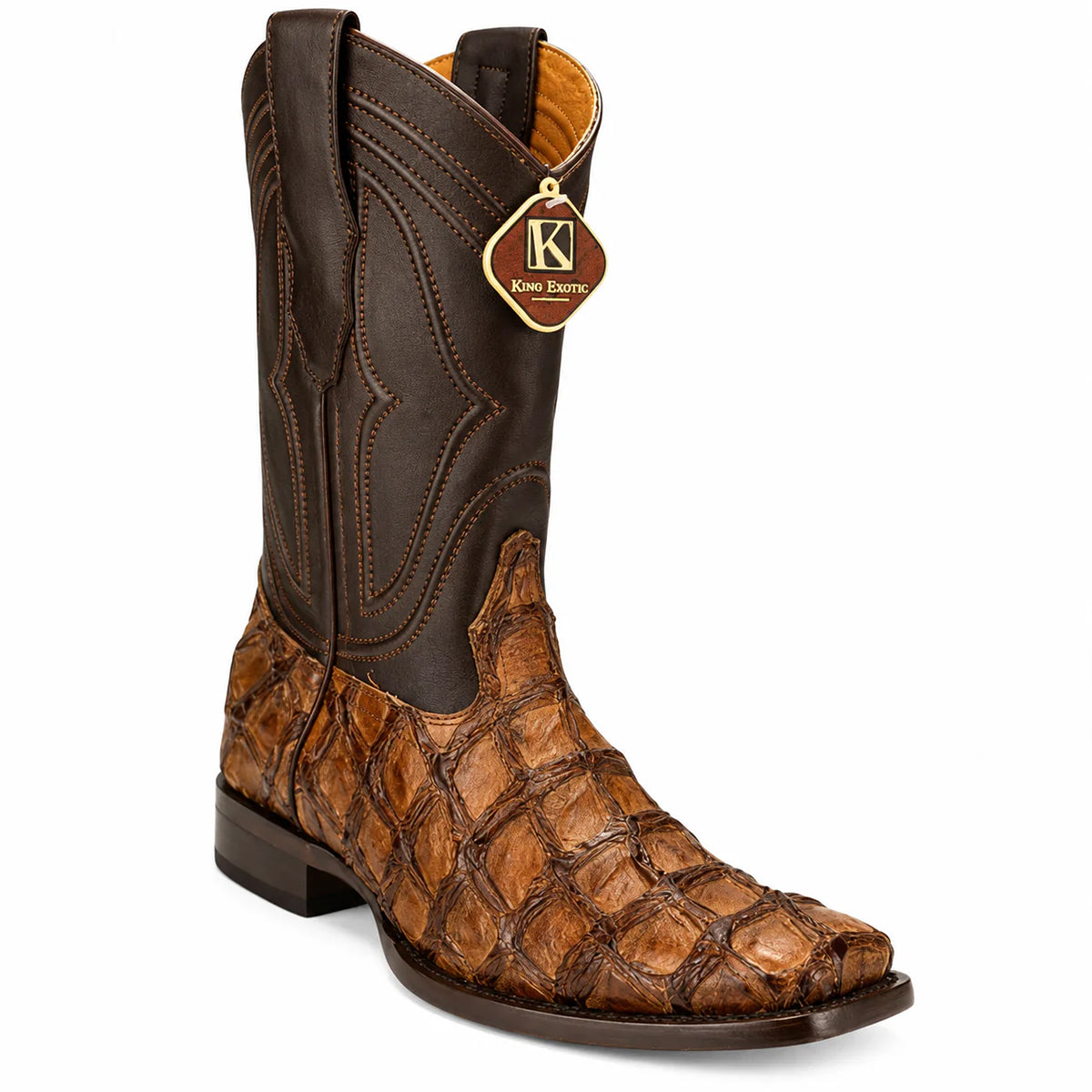 King Exotic men's cognac brown pirarucu fish square toe western boot.