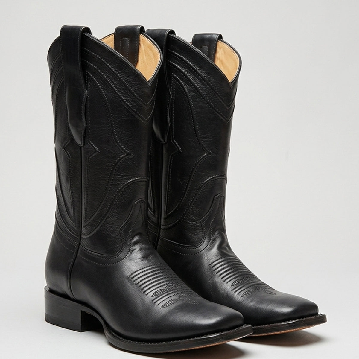 King Exotic Belmont men's black leather square toe cowboy boots with hand-stitched 10-inch shaft, leather outsole, and block heel.