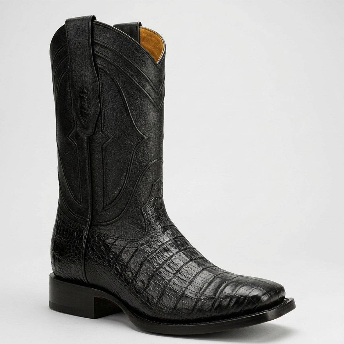 King Exotic men's black caiman belly leather square toe western boot.
