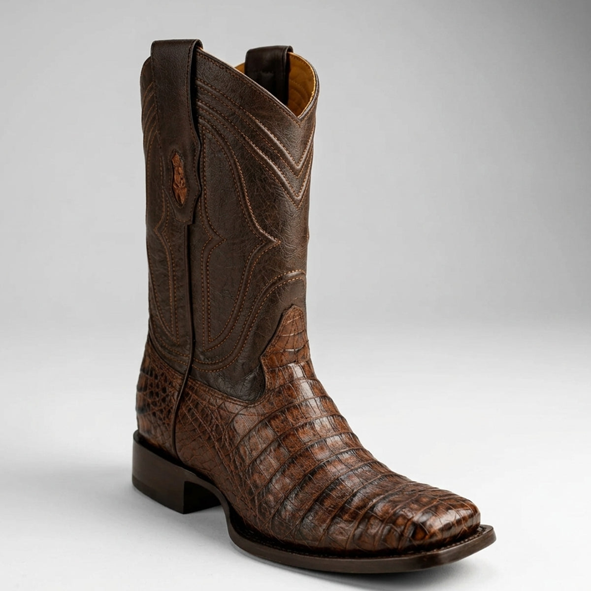 King Exotic men's brown caiman belly leather square toe western boot.
