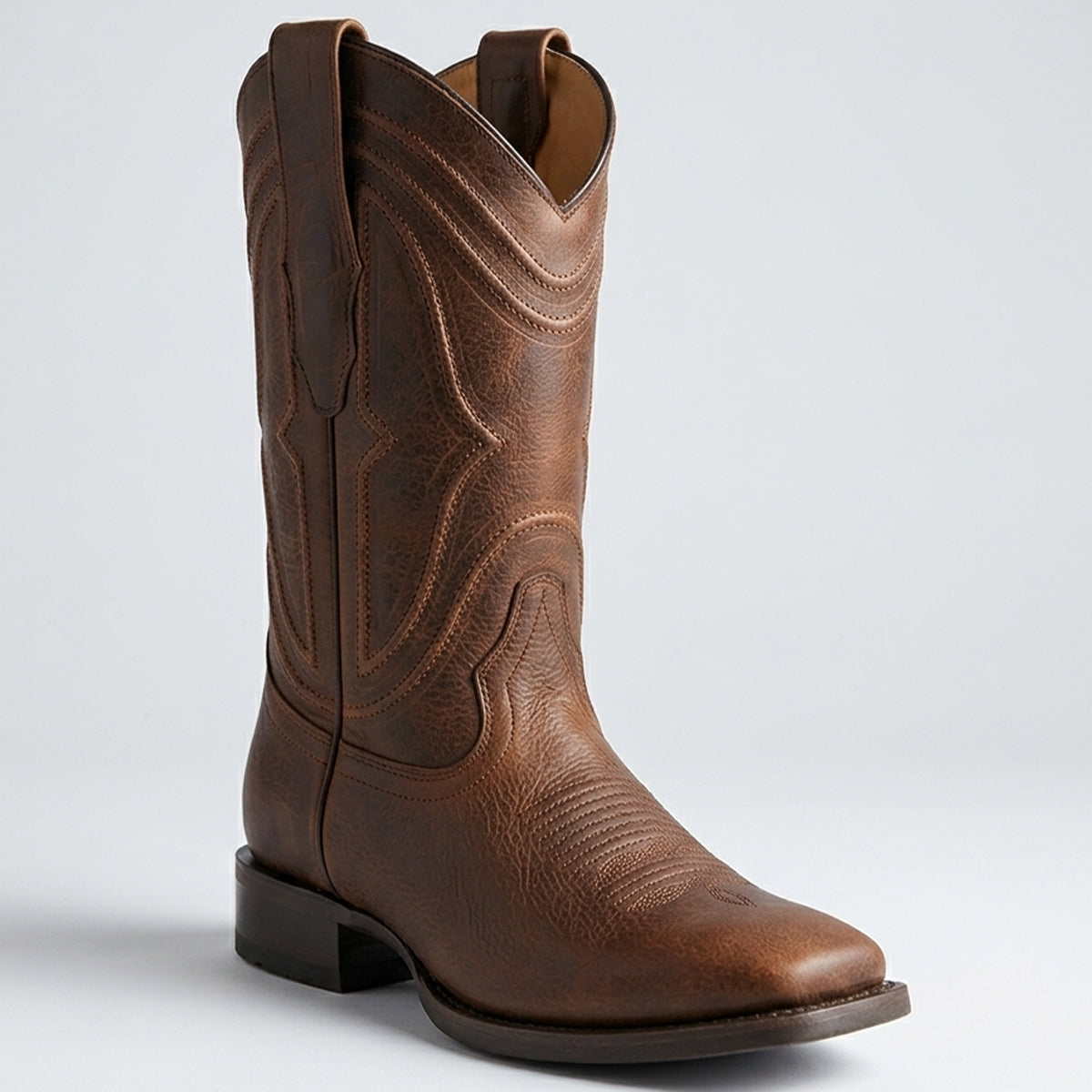 King Exotic Rage men's walnut brown leather square toe cowboy boot featuring tonal stitching, a 10-inch shaft, and traditional leather sole.