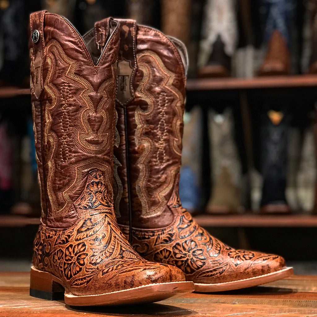 Cognac tooled cowgirl boots by Tanner Mark
