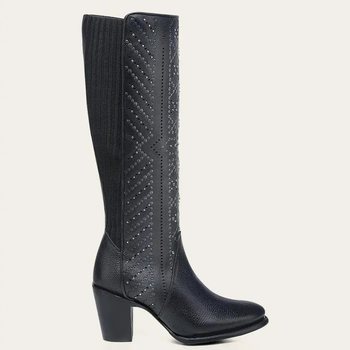 Side profile view of the Cuadra Women's black tall boot showing the back elastic textile panel for calf adjustment.