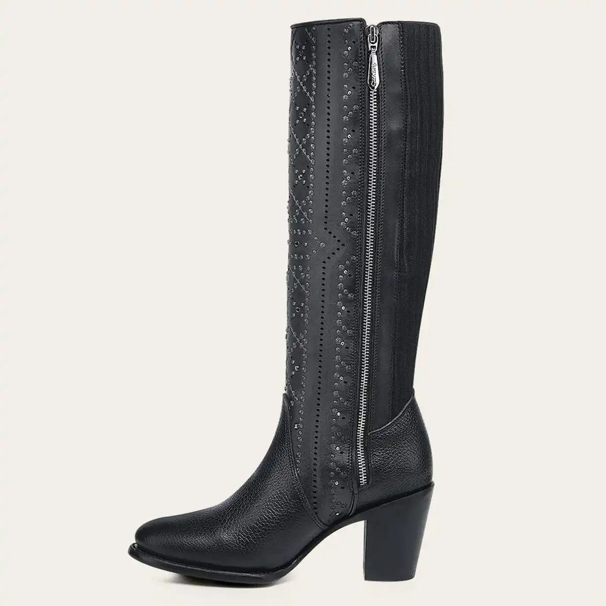 Inner profile view of the Cuadra Women's black leather boot showing the full vertical metal zip closure.