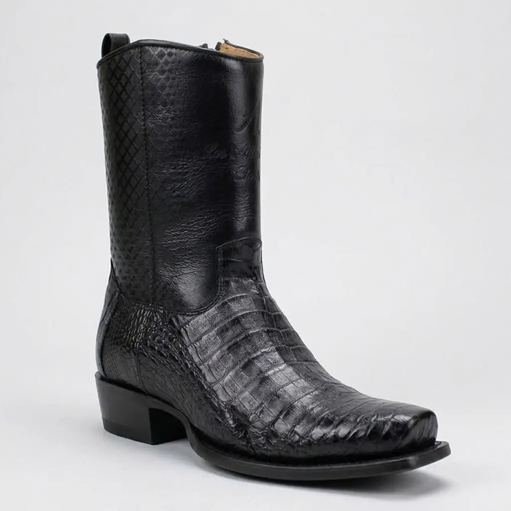 Studio profile view of a single Los Altos Men's black caiman belly boot showcasing the 7X square toe, 9-inch shaft, inner zipper, and caiman scale pattern.