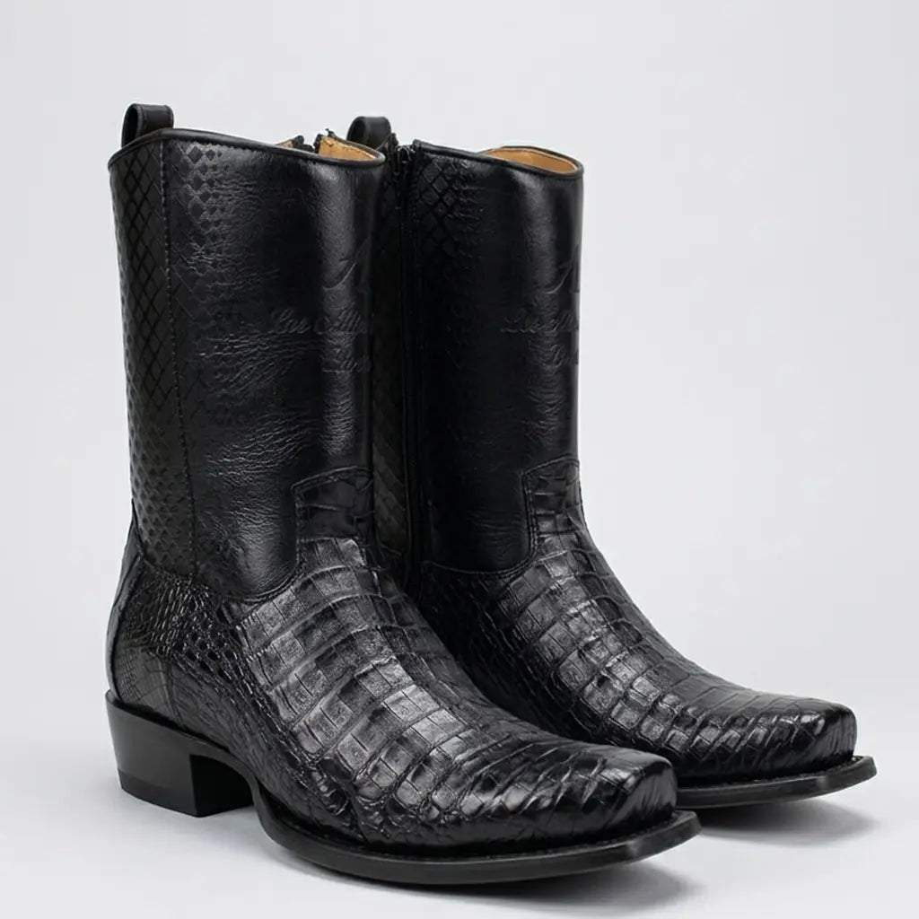Studio pair view of the Los Altos Men's black caiman belly 7X square toe Western boots shown from a three-quarter perspective.
