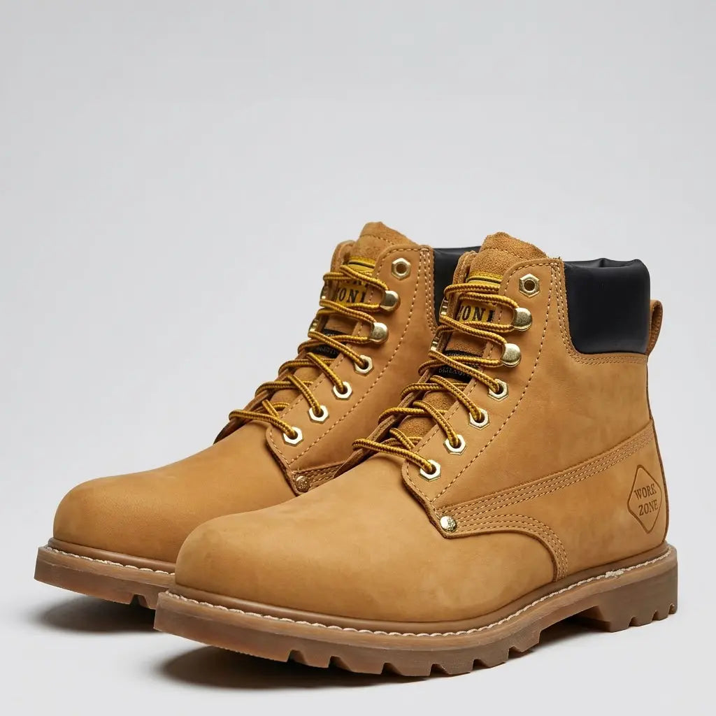 Studio pair view of the Work Zone Men's 611 6-inch wheat tan leather work boots showing the padded black collar, hex eyelets, and Goodyear storm welt.