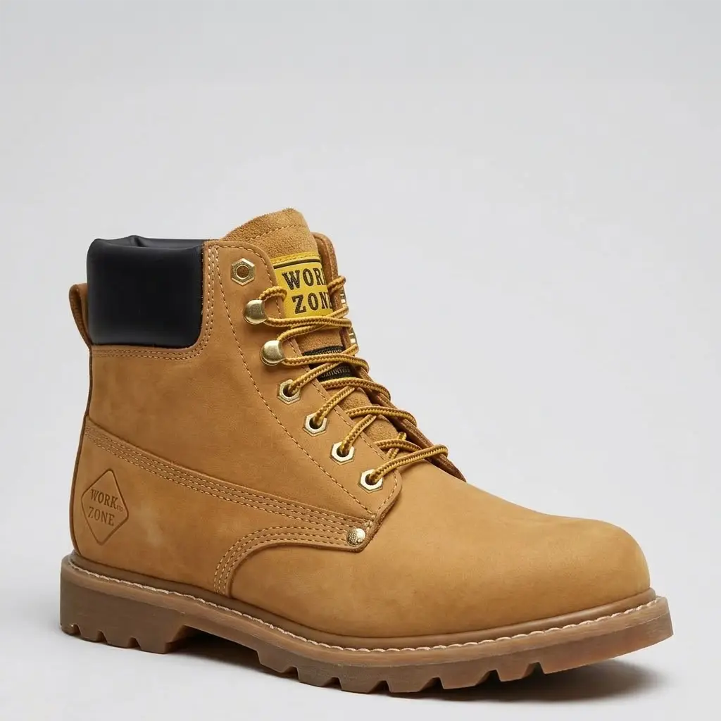 Studio profile view of a single Work Zone 611 6-inch tan work boot displaying the embossed Work Zone heel logo and gum rubber lug outsole.