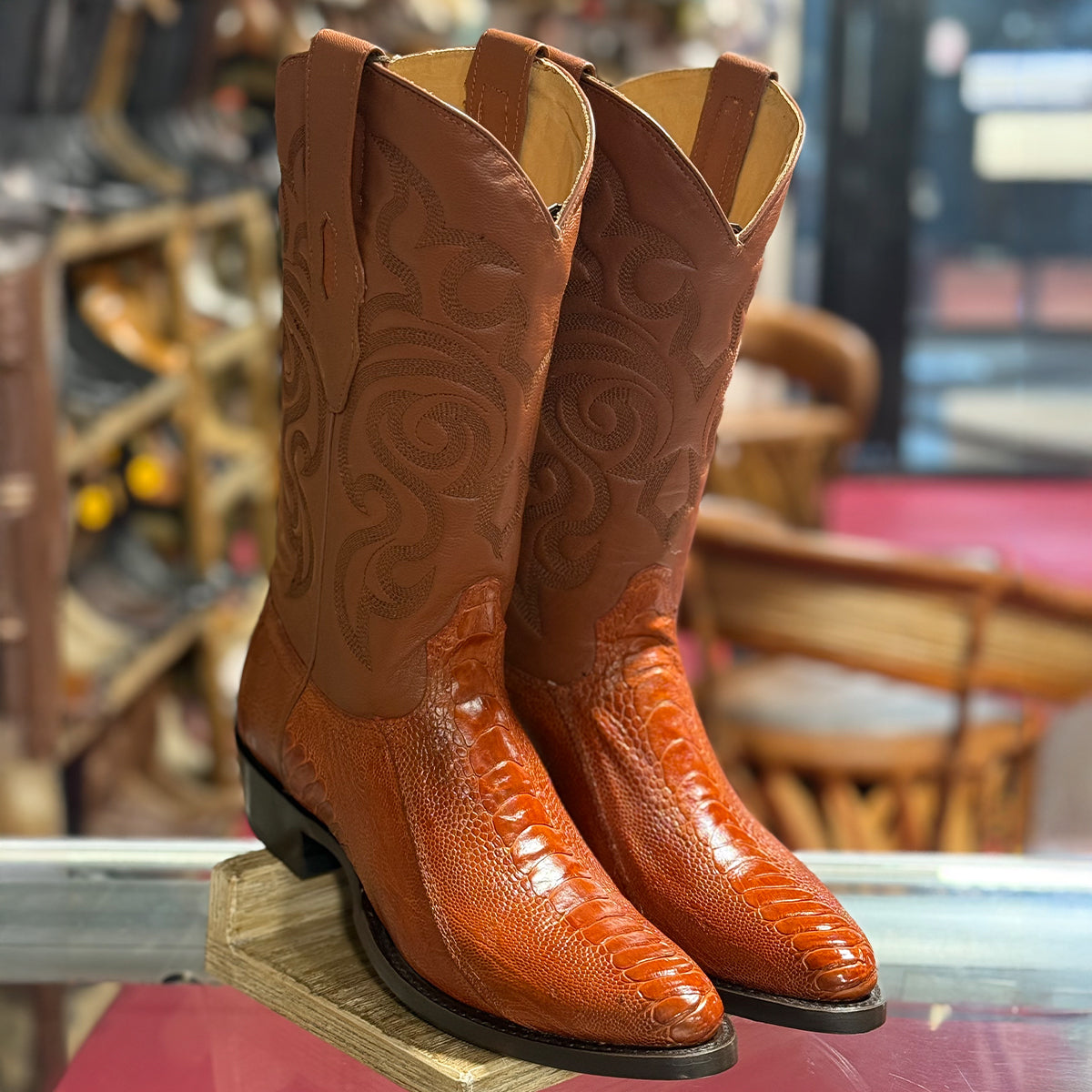 Los Altos Cognac Ostrich Leg Cowboy Boots R-Toe