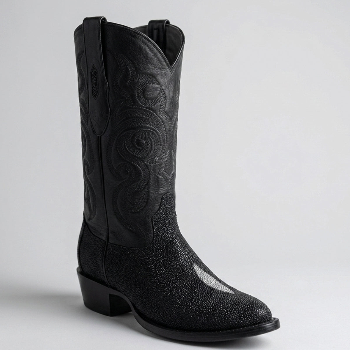 Los Altos men's black single stone stingray leather round toe cowboy boot.