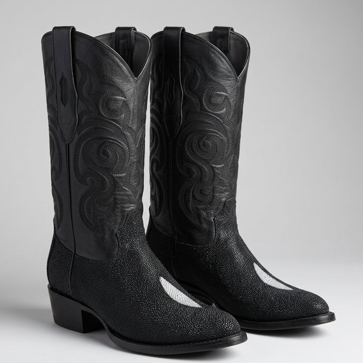 Los Altos men's black single stone stingray leather round toe western boots.