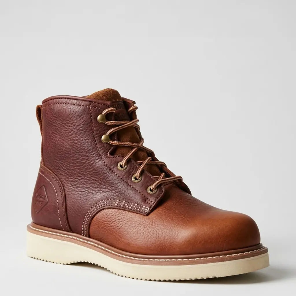 Studio profile view of the Work Zone Men's 681 6-inch wedge work boot displaying the tan tumbled leather, speed hooks, Goodyear storm welt, and cream PU wedge sole.