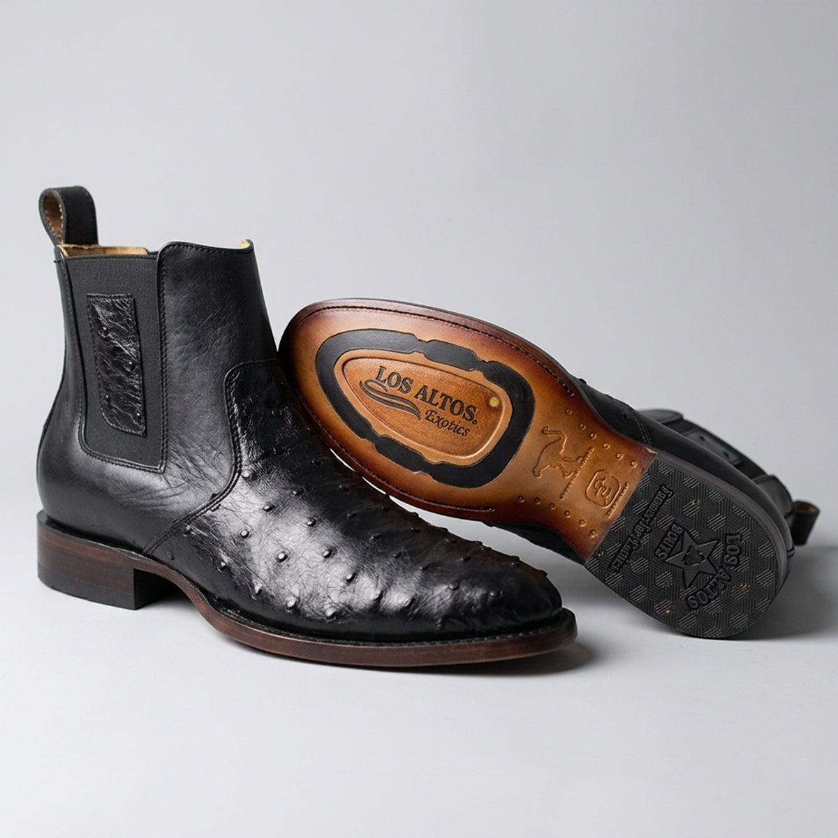 Los Altos men's black full quill ostrich leather Chelsea boot with leather sole.