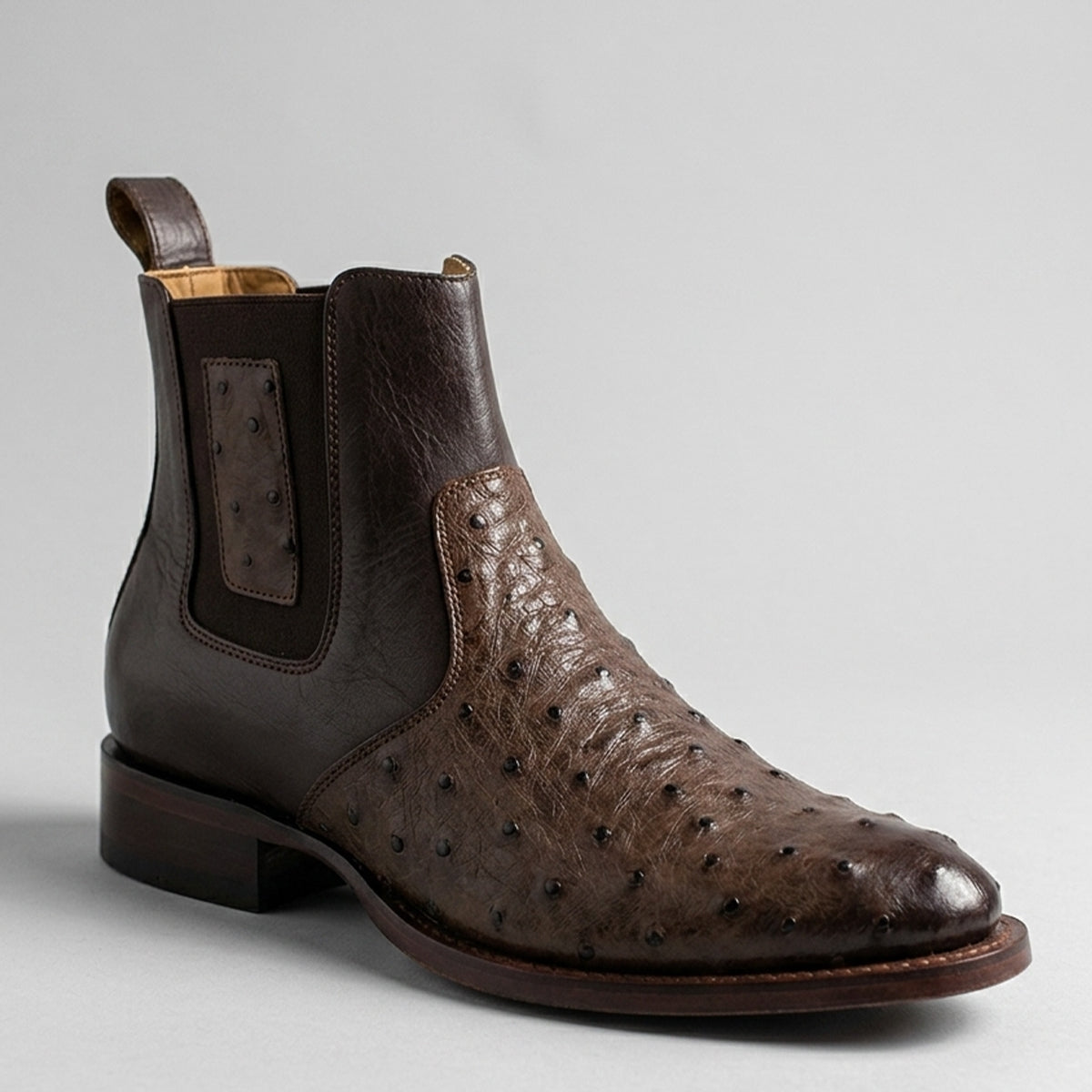 Los Altos men's brown full quill ostrich leather Chelsea boot.