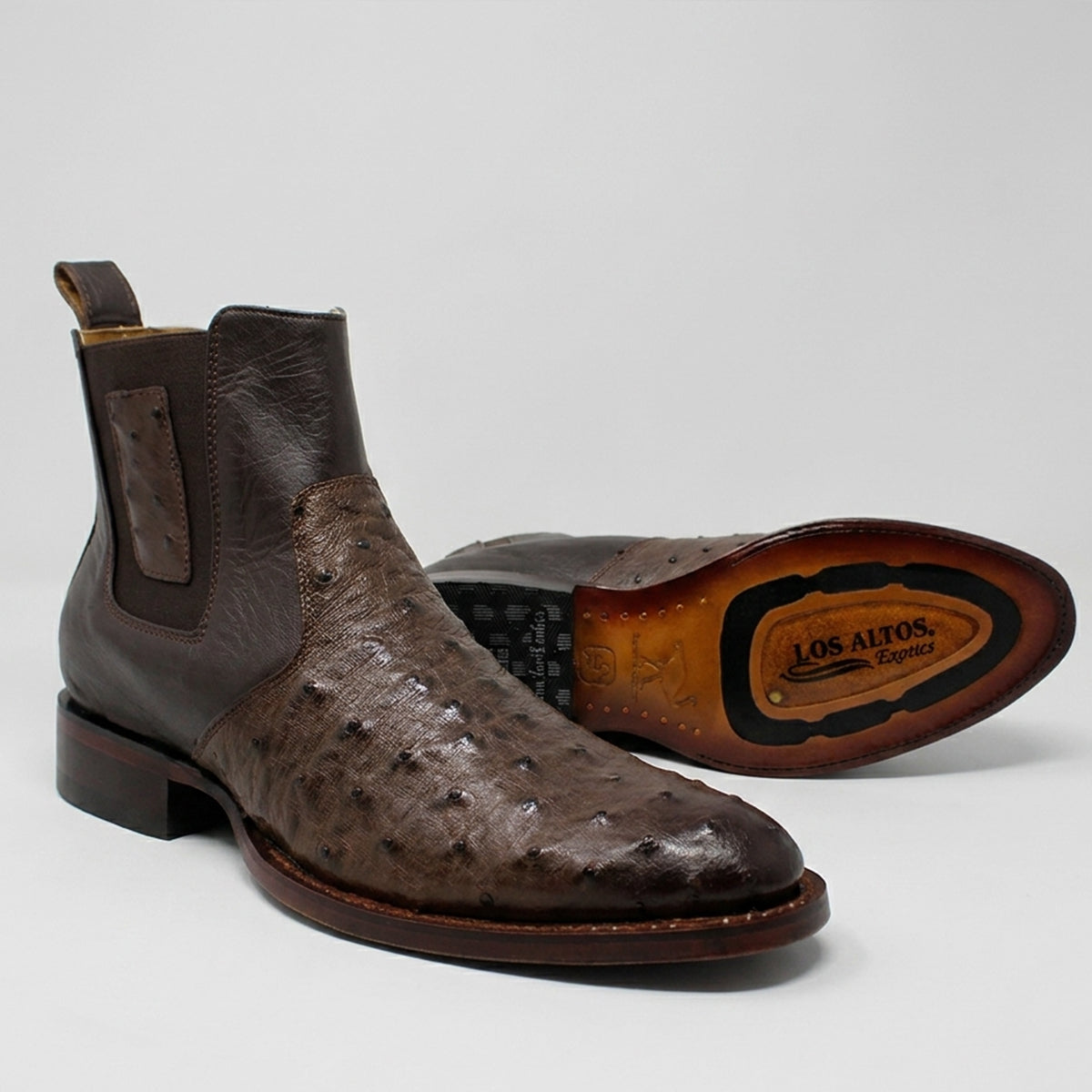 Los Altos men's brown full quill ostrich leather Chelsea boot with leather sole.
