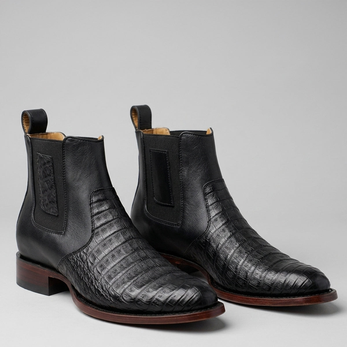 Los Altos men's black caiman belly leather round toe Chelsea boot.