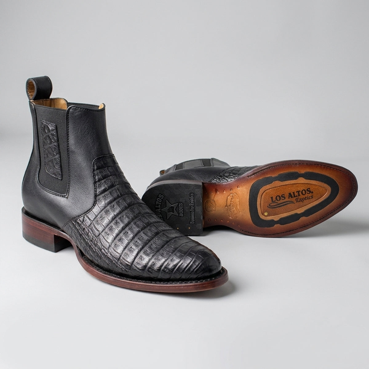 Los Altos men's black caiman belly round toe boot with leather sole.