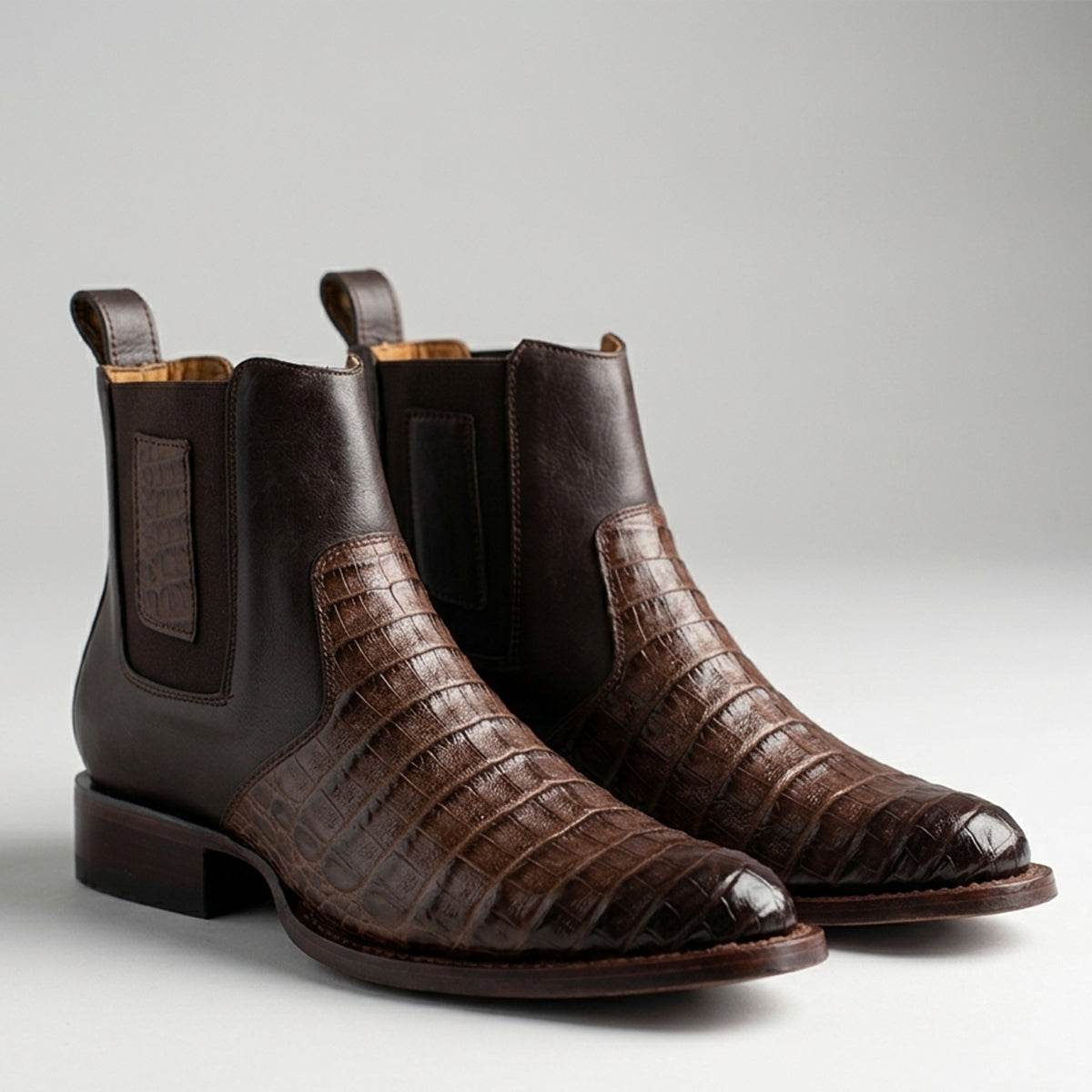 Los Altos men's brown caiman belly leather Chelsea boots.
