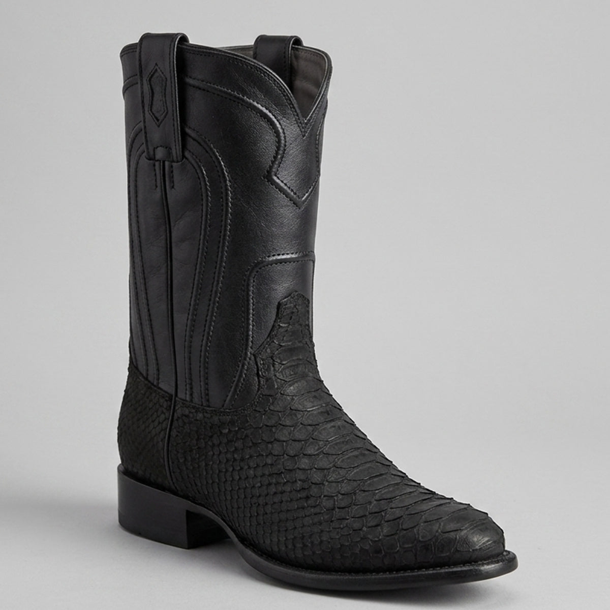 Los Altos men's black suede python snakeskin roper toe western boot.