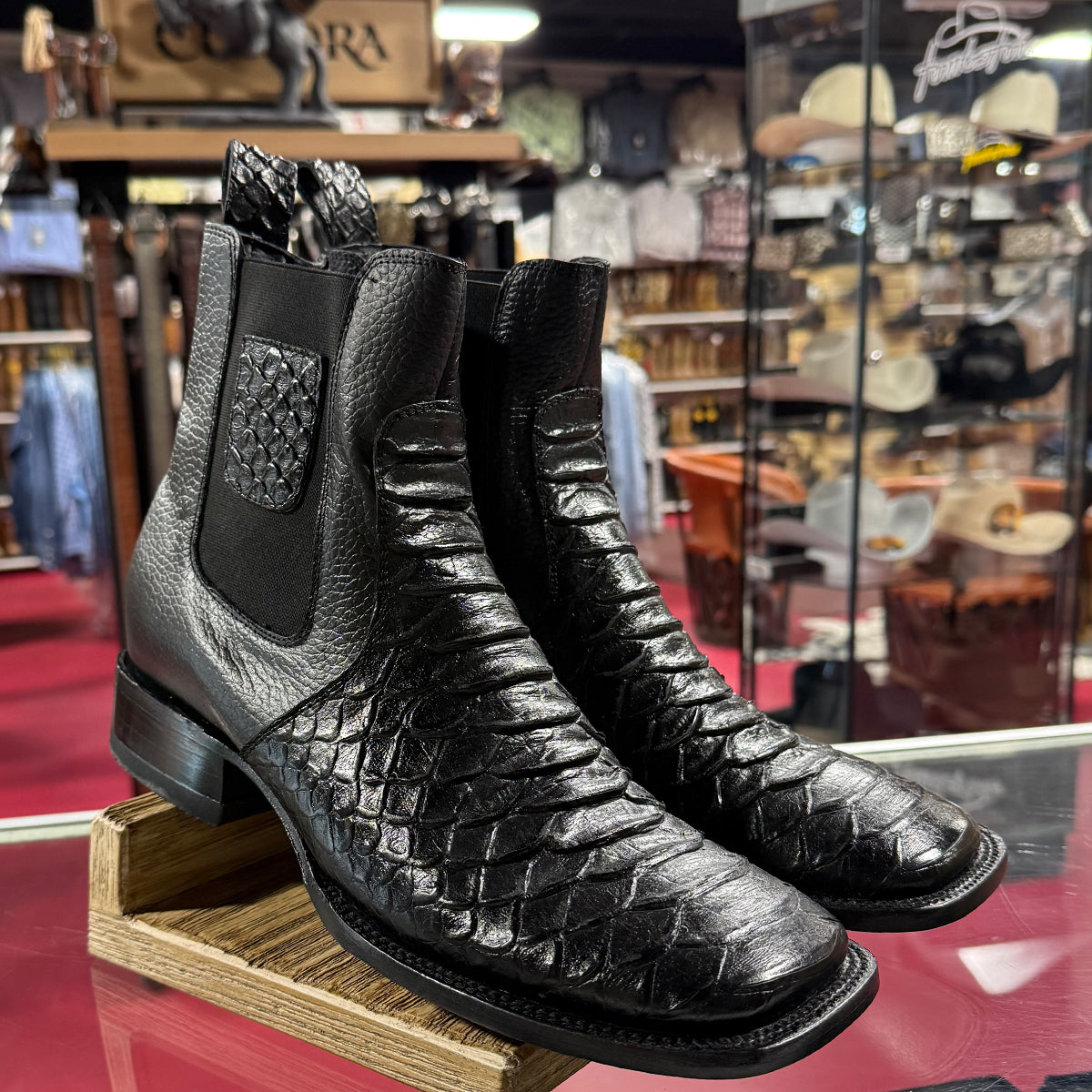 Black Python Print Short Cowboy Boots Square Toe