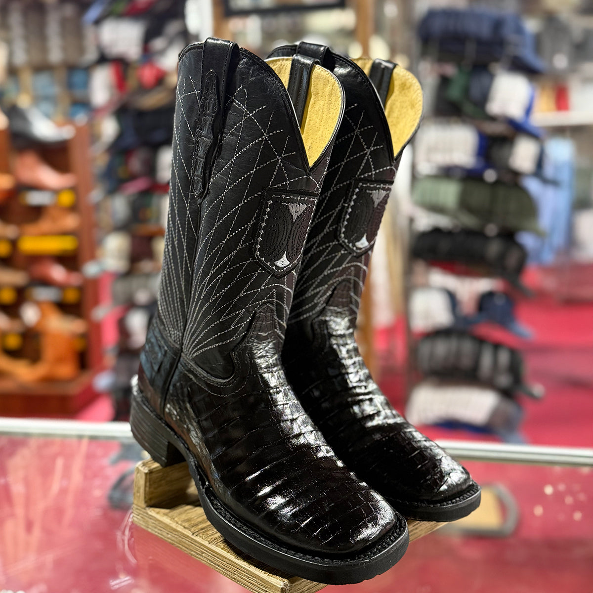 El General men's black Caiman belly print square toe western boots.