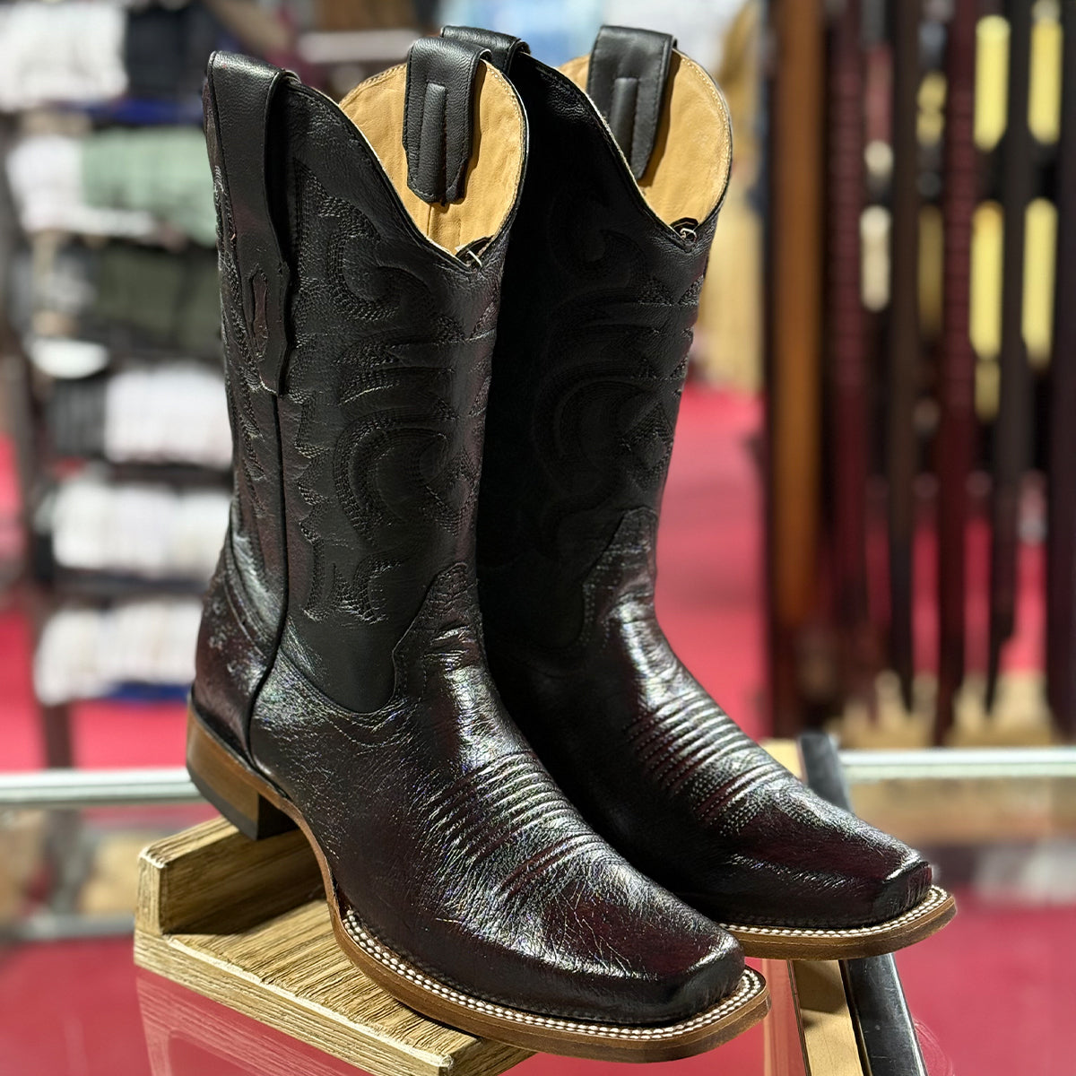Los Altos Square Toe Smooth Ostrich Boots Black Cherry