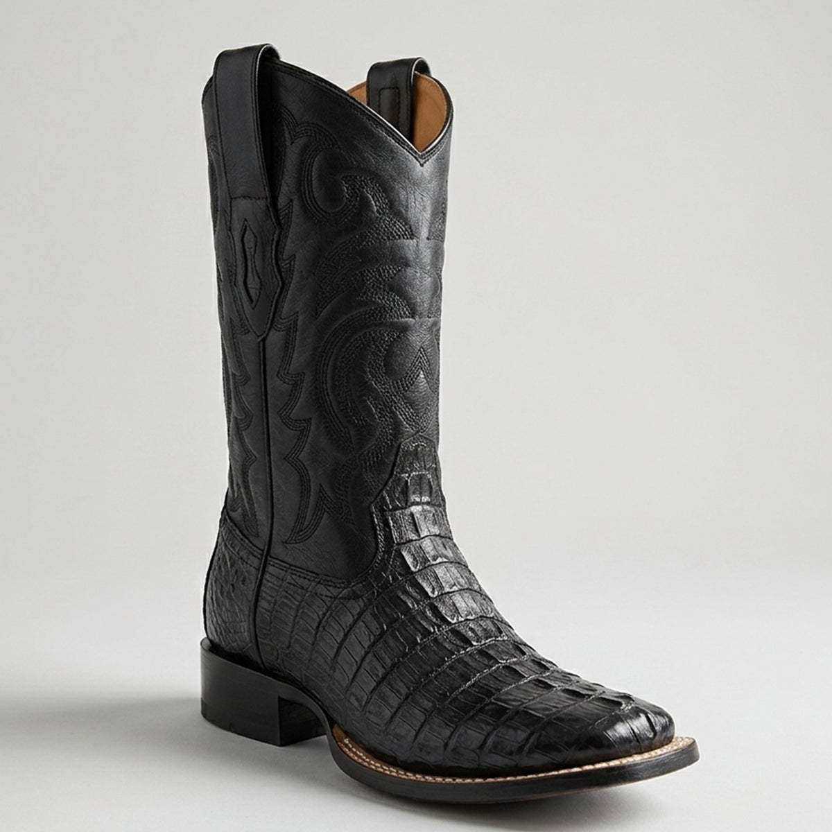 Los Altos men's black caiman tail cowboy boot with detailed pattern on a light gray background.