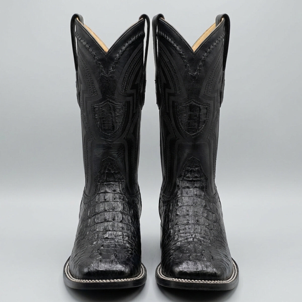 Front view Wild West Men's Black Hornback Caiman Square Toe Cowboy Boots