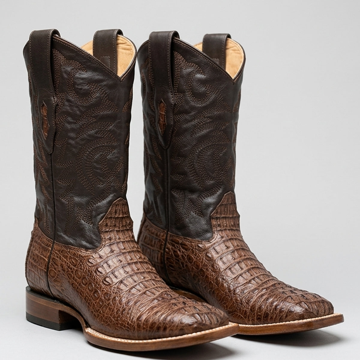 Los Altos men's western cowboy boots featuring a textured brown caiman hornback leather foot with raised ridges, a stitched dark brown leather shaft, and a square toe.
