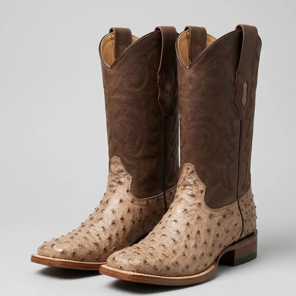 Studio pair view of the Los Altos Men's full quill ostrich square toe boots showcasing the two-tone contrast between the beige ostrich foot and moka leather shaft.