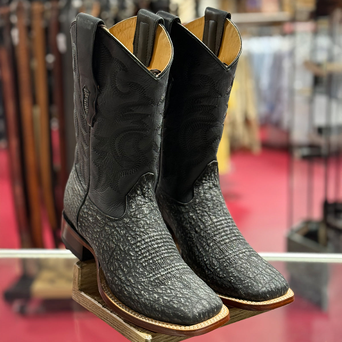 【Ameri】SHARK Sole SQUARE Boots Mens Black Sharkskin Boots | Los Altos Boots Square Toe