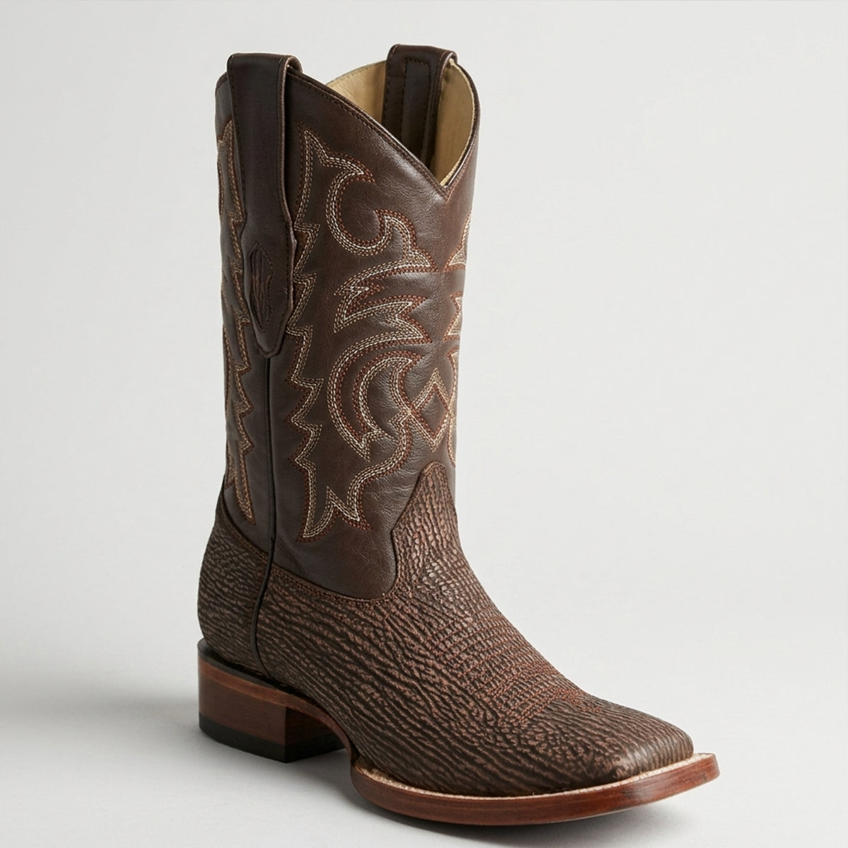 Los Altos men's brown shark leather square toe western boot.