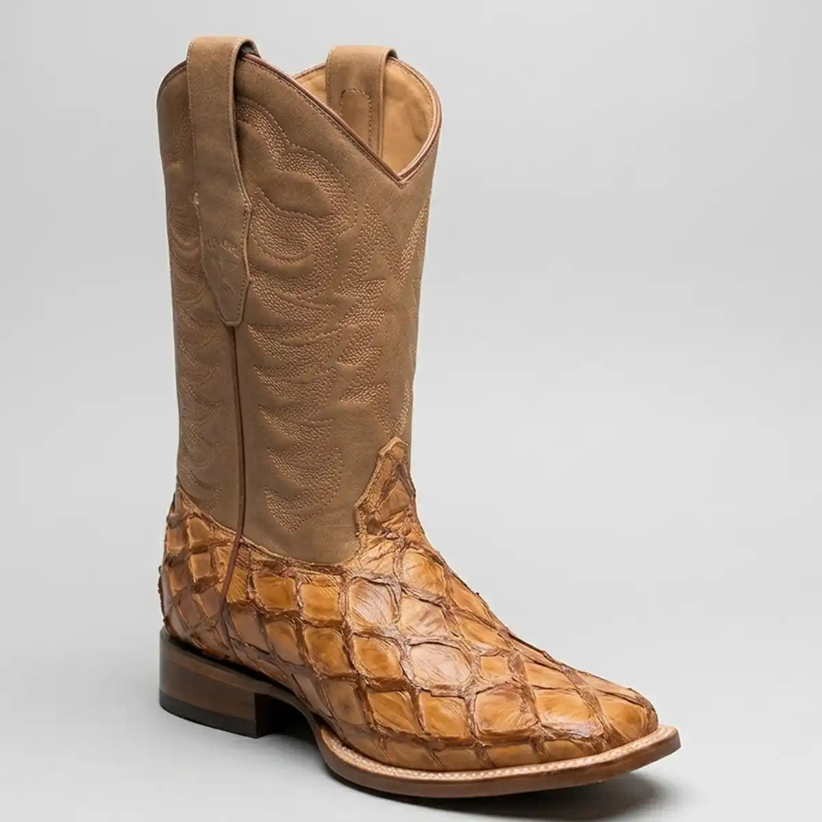 Los Altos men's tan Pirarucu cowboy boot shown against a neutral light gray background.
