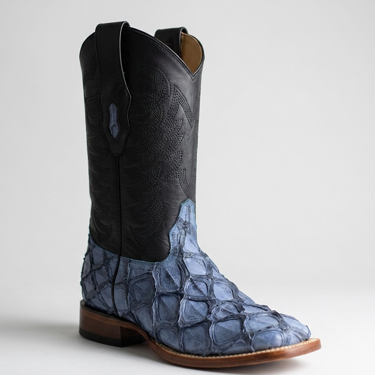 Los Altos men's blue pirarucu fish square toe cowboy boot.