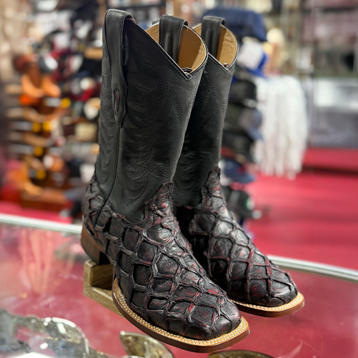 Los Altos men's black cherry Pirarucu square toe cowboy boots.