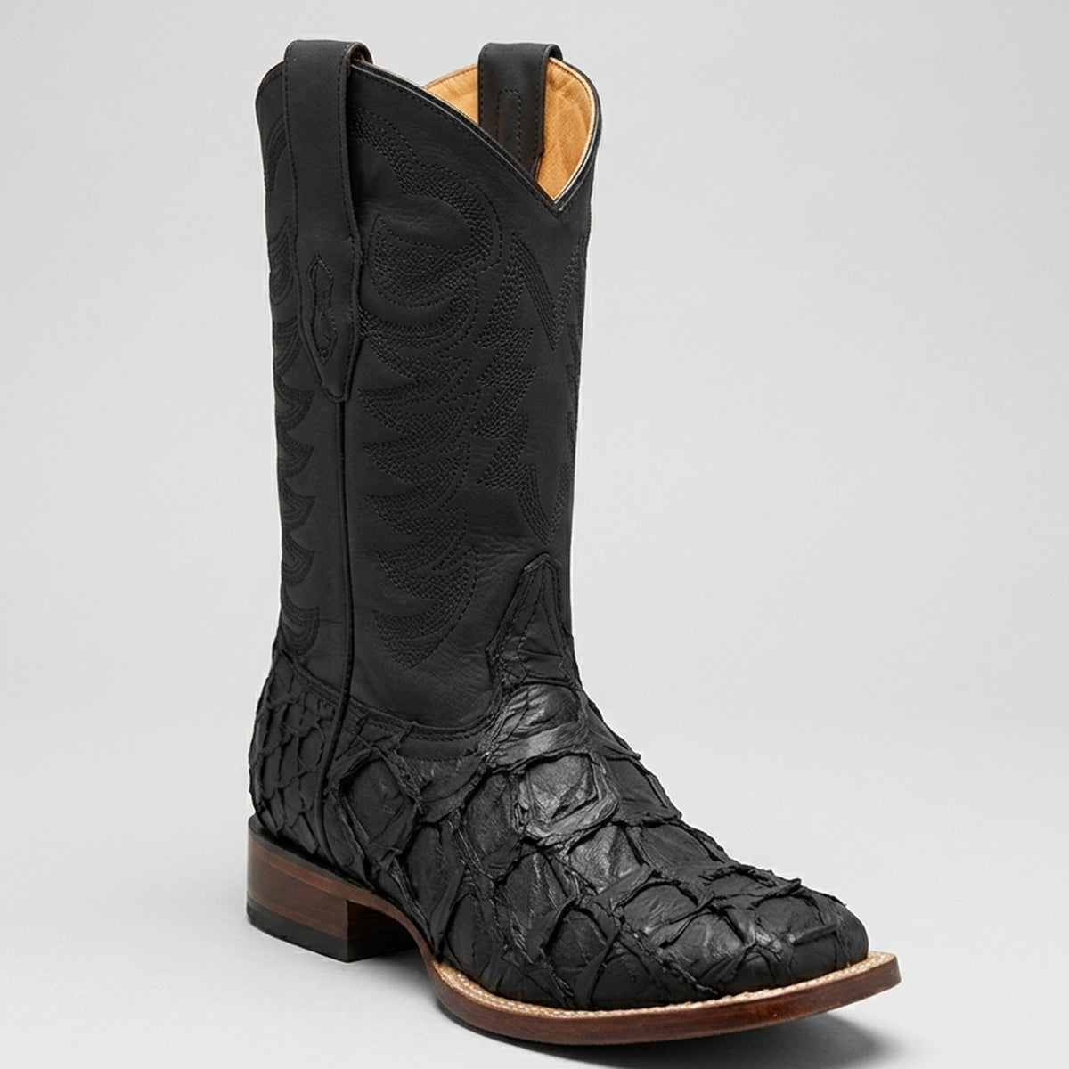 Los Altos men's black matte pirarucu fish square toe cowboy boot.